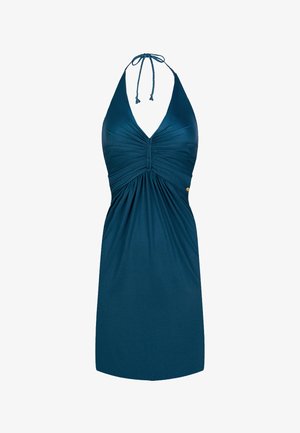 Robe sans manches bleu sarcelle à col halter, décolleté plongeant en V, détails froncés sur la poitrine et la taille, fermeture nouée au niveau du cou.