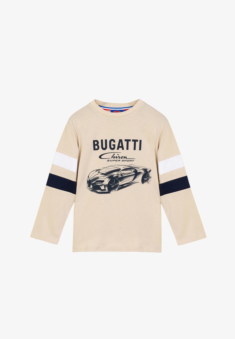 Beige Langarmshirt mit blauen und weißen Streifen, versehen mit einem gedruckten Bugatti Chiron Grafik und fett gedrucktem Text "BUGATTI."