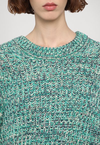 Knit sweater in shades of teal and gray with a wide, ribbed neckline. Features a textured, patterned weave throughout the fabric.