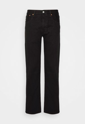 Zwarte recht gesneden jeans gemaakt van katoen. Heeft vijf zakken, een metalen knoop en oranje stikselaccenten aan de voorkant.