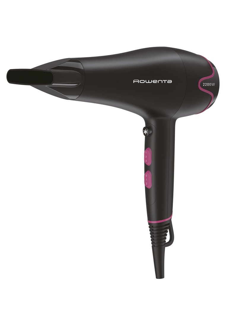 Sèche-cheveux Rowenta avec un design noir élégant et des accents roses, puissance de 2200W, et boutons de contrôle numérotés de 0 à 3 sur la poignée.