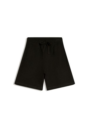 Fekete térdig érő rövidnadrág elasztikus derékpánttal és elülső húzózsinórral, puha texturált anyagból készült.