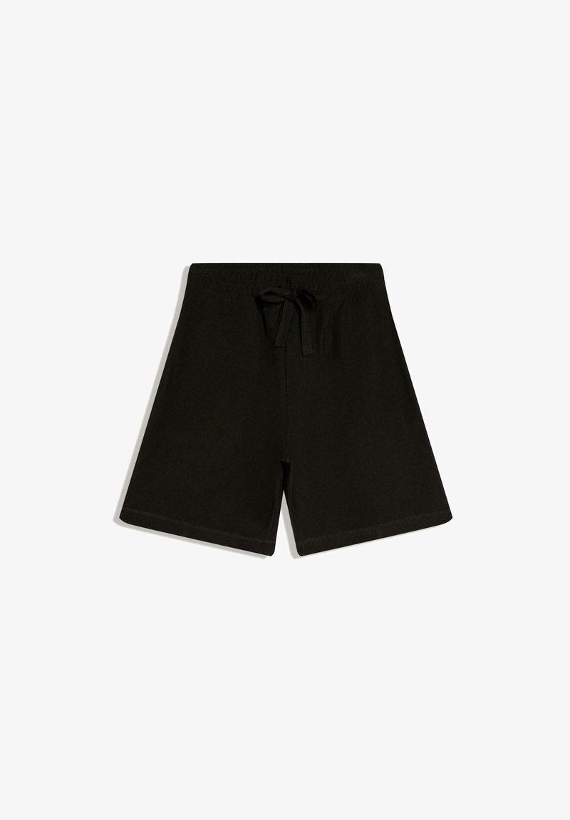 Shorts noirs mi-genoux avec ceinture élastique et cordon de serrage à l'avant, fabriqués en tissu à texture douce.