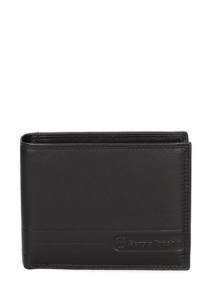 Portefeuille en cuir noir avec une texture lisse, design bi-fold et logo embossé. Il dispose de plusieurs emplacements pour cartes et d'un look épuré et minimaliste.
