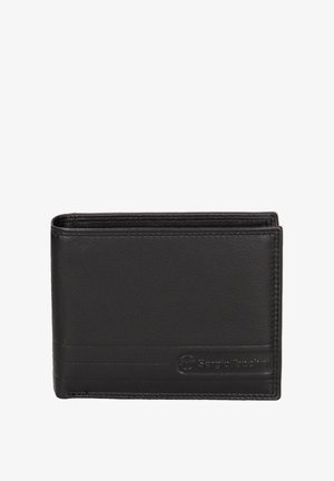 Portafoglio in pelle nera con texture liscia, design a pieghettato, e logo in rilievo. Presenta più scomparti per carte e un aspetto pulito e minimalista.