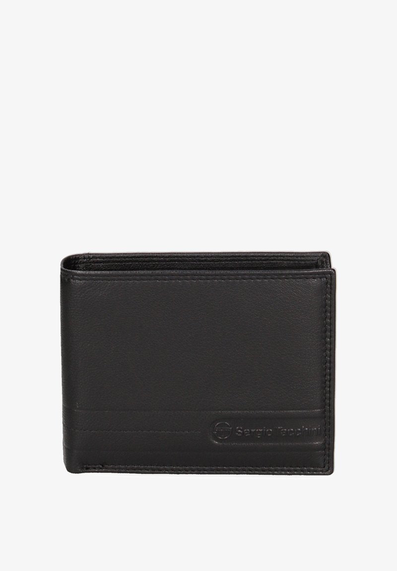 Zwarte leren portemonnee met een gladde textuur, bi-fold ontwerp en gegraveerd logo. Heeft meerdere kaartvakken en een strakke, minimalistische uitstraling.