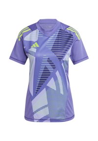 Maillot de sport violet à manches courtes, avec un design graphique comportant des rayures et des points dans des teintes de bleu et de vert, fabriqué en matériau respirant.