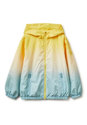 Gelb bis hellblau verlaufende Kapuzenjacke mit Frontreißverschluss, zwei Reißverschlusstaschen sowie elastischen Bündchen und Saum.