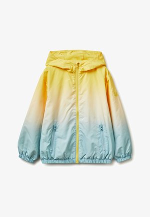 Chaqueta con capucha en degradado de amarillo a azul claro, con cremallera frontal, dos bolsillos con cremallera y puños y bajo elásticos.