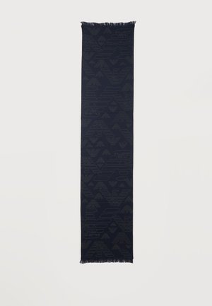 Longue écharpe noire avec motif répété en relief subtil du logo aigle et bords frangés sur fond uni.