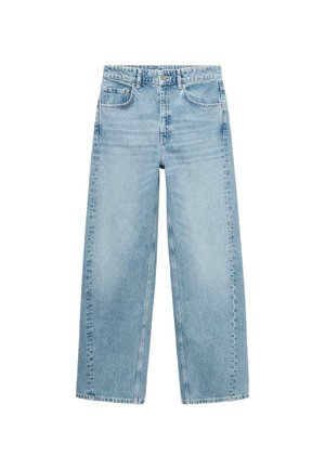 Jeans a gamba larga di colore blu chiaro realizzati in denim, con vita alta, quattro tasche e cuciture a contrasto lungo le cuciture.