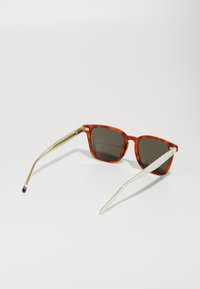 Ochelari de soare cu un cadru din acetat cu model țestoasă, lentile închise la culoare și accente din metal auriu. Brațe din plastic transparent cu vârfuri negre.