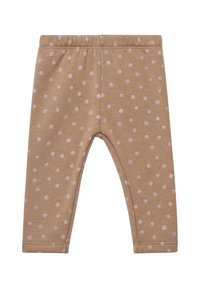 Leggings en coton marron avec un motif de pois roses, taille élastique et ourlets cousus pour plus de durabilité. Convient pour une tenue décontractée.