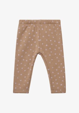 Bruine katoenlegging met een roze stippenpatroon, elastische tailleband en gestikte zomen voor duurzaamheid. Geschikt voor casual dragen.