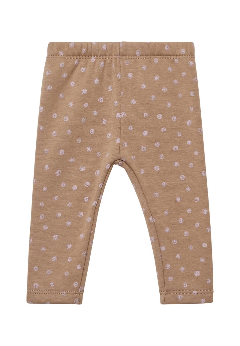 Leggings en coton marron avec un motif de pois roses, taille élastique et ourlets cousus pour plus de durabilité. Convient pour une tenue décontractée.