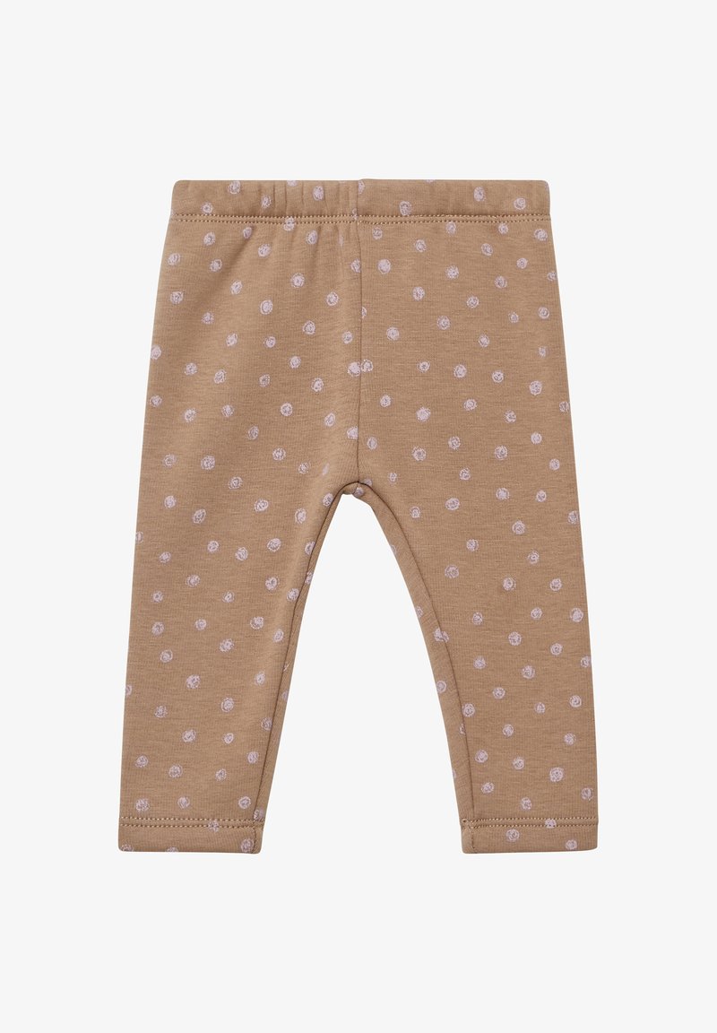 Brązowe legginsy bawełniane z różowym wzorem w kropki, elastycznym pasem i przeszytymi brzegami dla większej trwałości. Idealne do noszenia na co dzień.