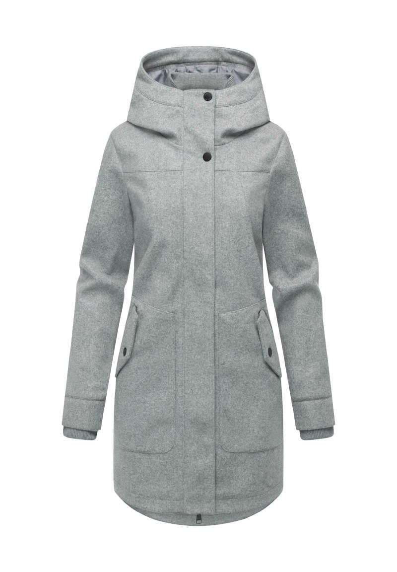 Szary płaszcz wełniany z kapturem, dwoma przednimi kieszeniami, czarnymi guzikami i ściągaczami przy mankietach. Gładka tekstura i długość do kolan.