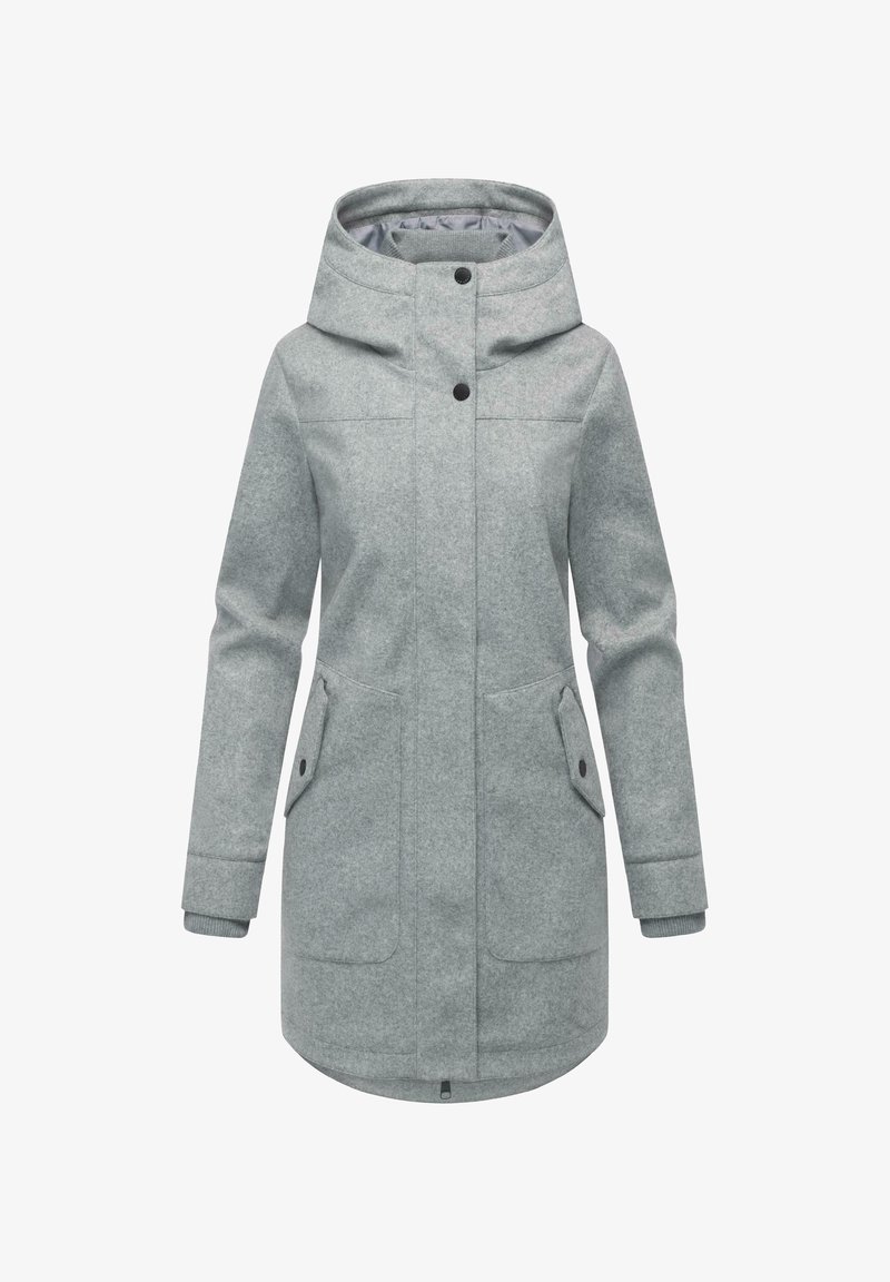 Gray wool-blend coat with a hood, two front pockets, black buttons, and ribbed cuffs. Smooth texture and knee-length design.