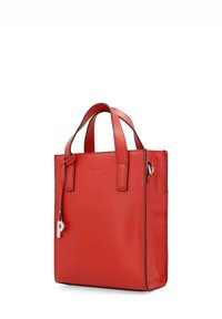 Red leather tote bag with a textured surface, open top, two short handles, and a small metallic charm attached. Features black trim details.