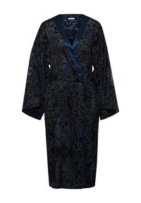 Zwarte jurk met blauw bloemenpatroon, satijnen accenten, lange mouwen en een tailleband. Heeft een diepe V-hals en zachte, gestructureerde stof.