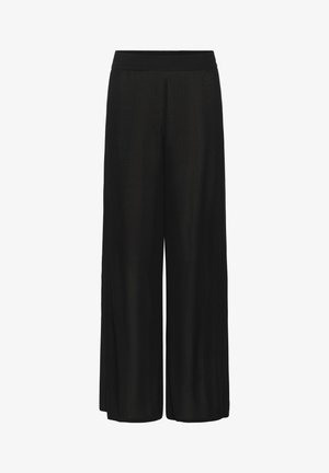 Black wide-leg trousers with a textured fabric. Features a smooth elastic waistband and a loose fit for comfort and ease of movement.