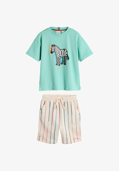 Mintgrøn kortærmet T-shirt med farverigt zebra-motiv, kombineret med cremefarvede shorts med lodrette flerfarvede striber og snøre i taljen.