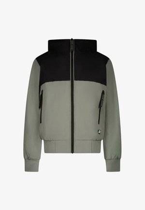 Kaptrui met ritssluiting aan de voorkant, uitgevoerd in een kleurblokdesign in zwart en grijs, met twee zijritszakken en geribbelde manchetten en zoom.