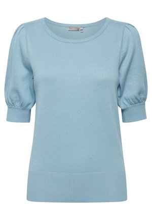 Pulover tricotat de culoare albastru deschis, cu mâneci scurte, bufante, guler rotund și tiv cu dungi. Textură moale, cu un finisaj neted.