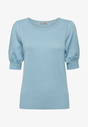 Hele sinine kootud sviiter lühikeste puhv-sleeve'idega, ümmarguse kaelusega ja ribaga ääristatud. Pehme tekstuur sujuva viimistlusega.