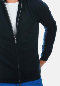 Homme portant un pull zippé noir par-dessus une chemise blanche et un pantalon bleu, se tenant avec une main derrière le dos.