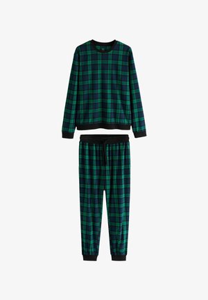 Kariran set pižame v temno modri in zeleni barvi z črnimi manšetami; dolg rokav, hlače z elastiko v pasu; mehak material s karirastim vzorcem.