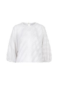 Weißes Blusenshirt mit strukturierten Streifen, lockerer Passform und Ballonärmeln. Runder Ausschnitt und ein Schlüssellochverschluss hinten mit einem Knopf. Weicher Stoff.