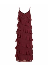 Robe midi bordeaux sans manches avec col en V et détails de volants superposés en cascade diagonale sur le tissu.