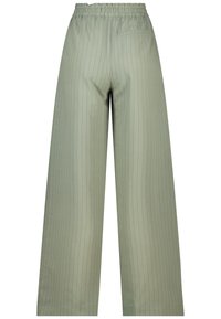 Light green wide-leg pants with vertical pinstripes, elastic waistband, and a single back pocket, made from smooth fabric.