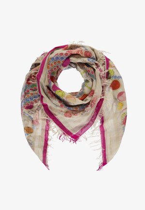 Lekki, wzorzysty szalik w beżowym kolorze z kolorowymi kropkami. Posiada różową lamówkę i frędzle, oferując miękką teksturę i wszechstronny styl.