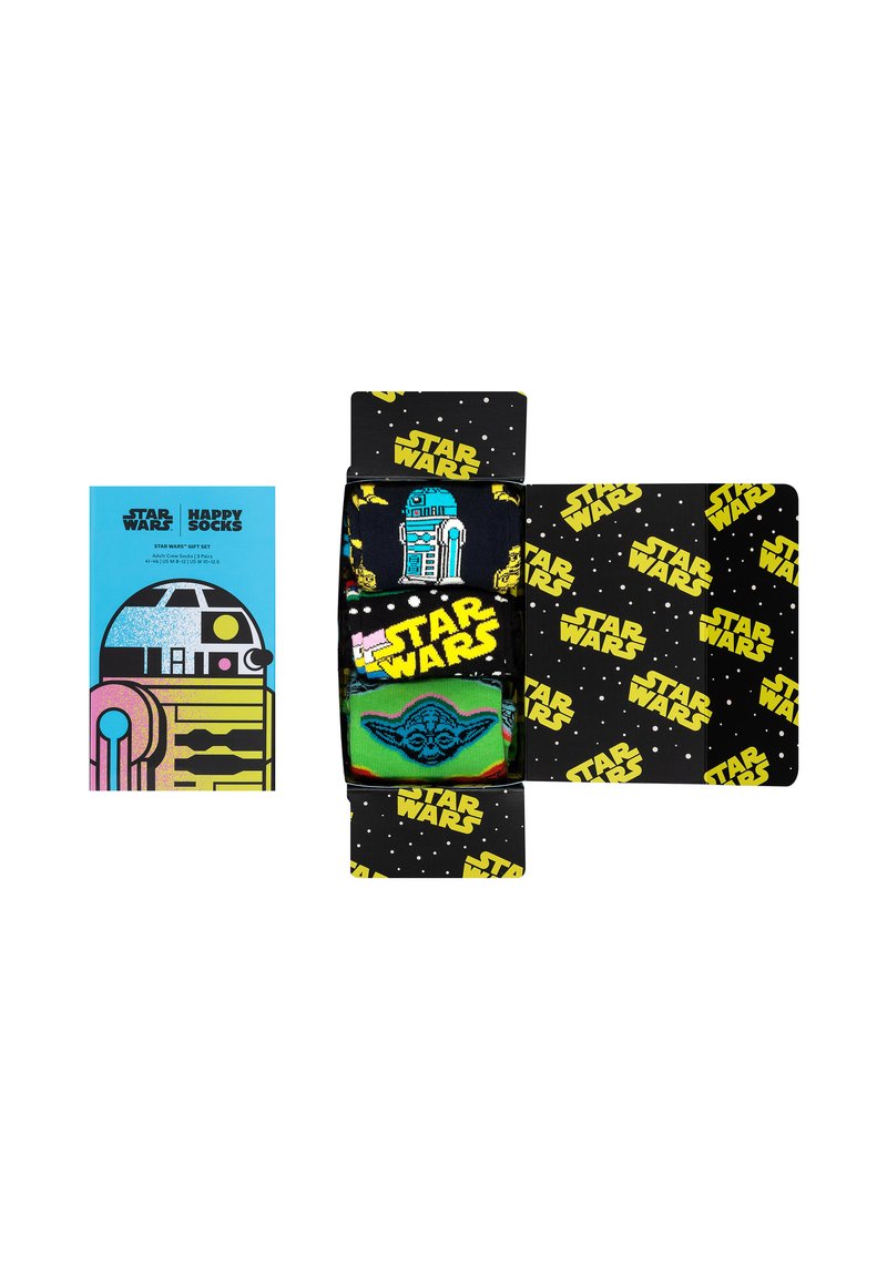 Star Wars Geschenkeset mit Socken im R2-D2- und Yoda-Design, in schwarzer Verpackung mit gelben Logos und einem blauen Heft.