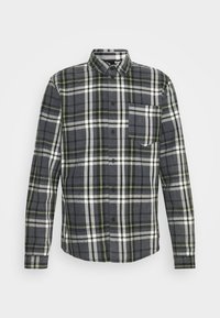 Langärmliges kariertes Hemd in Schwarz, Grau und Olivgrün. Verfügt über eine durchgehende Knopfleiste, einen Kragen und eine Brusttasche. Hergestellt aus gewebtem Stoff.