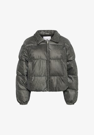 Läikiv must lühike pufferjakk, millel on täispikk tõmblukk, krae ja elastsed mansetid pikadel tikitud varrukatel.