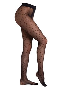 Collant neri con motivi a rete in materiale trasparente, caratterizzati da piccoli motivi a linee nere. Progettati con una vita in tessuto nero solido per il massimo comfort.
