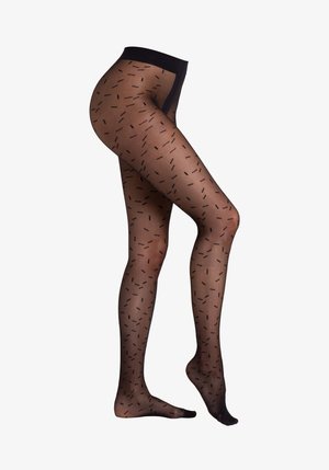 Czarne rajstopy w wzory, wykonane z przejrzystego materiału, z małymi czarnymi liniowymi motywami. Zaprojektowane z solidnym czarnym pasem w talii dla wygody.