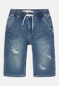 Džínové šortky s elastickým pasem a šňůrkou. Mají lehké opotřebení, pět kapsový design a rovný střih nohavic. Barva je středně modrá.