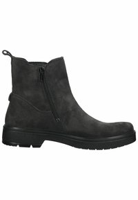 Schwarze Wildleder-Stiefeletten mit seitlichem Reißverschluss, runder Spitze und strukturiertem Absatz. Mit einer Schlaufe an der Rückseite für einfaches Anziehen.