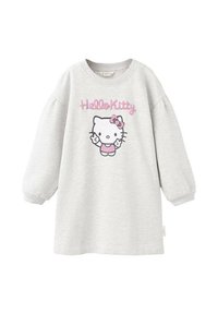 Rochie tip hanorac gri cu mâneci lungi bufante. Prezintă un grafic Hello Kitty și text brodat roz. Textură moale a materialului.