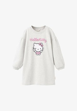 Siva haljina od majice s dugim, naboranim rukavima. Na njoj je grafika Hello Kitty i ružičasti vezani tekst. Mekana tekstura tkanine.
