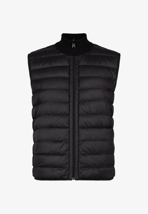 Schwarze Steppweste mit hohem Kragen, Reißverschluss und gestepptem Design. Sie zeichnet sich durch eine glatte Oberfläche und ärmelloses Design aus.