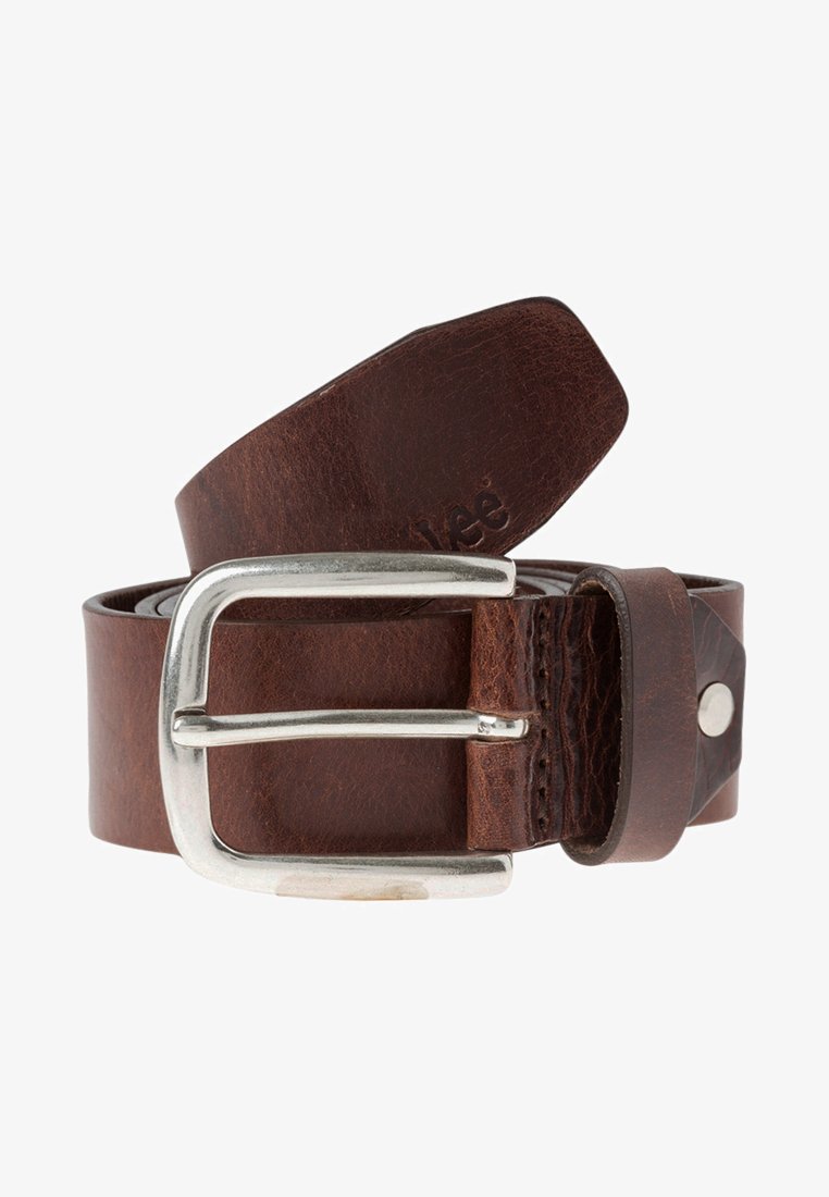 Brown leather belt with silver rectangular metal buckle, stitched loop, and embossed logo on the strap's end.