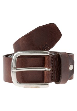 Brown leather belt with a silver metal buckle. The belt features a textured surface and a snap detail at one end, showcasing sturdy construction.