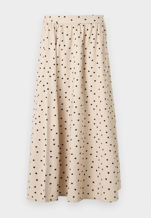 Jupe midi beige avec des pois noirs dispersés, taille froncée et légère silhouette en A.