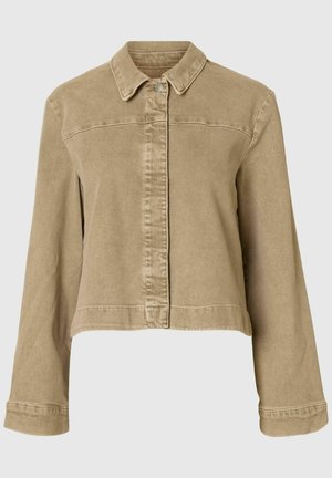 Geknipte beige denim jas met een kraag, knoopsluiting en lange mouwen. Bevat zichtbare stiksels en een soepele textuur.