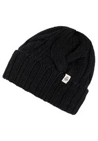 Black knit beanie with a ribbed texture, featuring a twisted top design and a small label on the side. Soft, warm material.